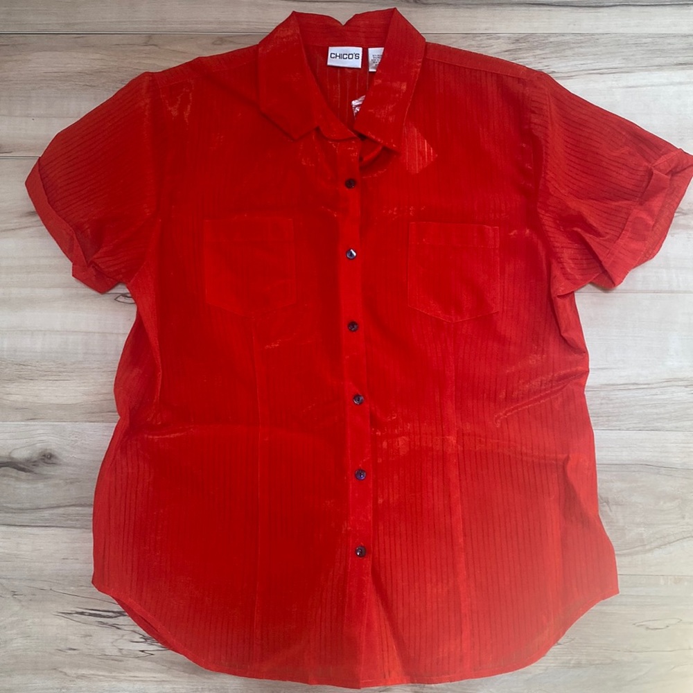 NWT Chico’s Size 2 Womens L Venetian Stripe Dina Shirt. Button front. Red/Gold